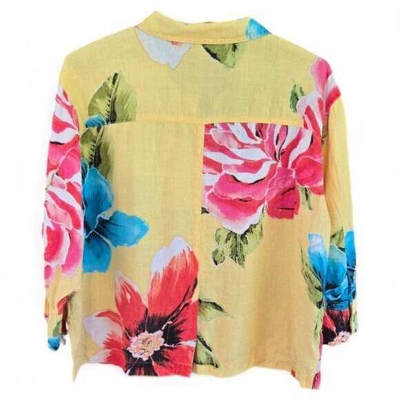 Chicos Medium/2 Women's Large Yellow Floral Print Linen Button-Up Blouse - Picture 2 of 7